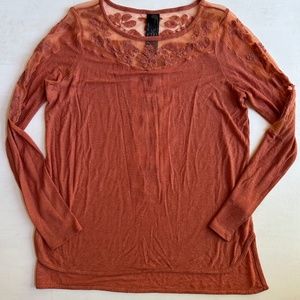 Free People New Romantics Peach Lace Long Sleeve Tee
